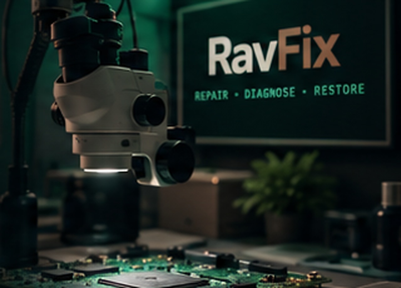 RavFix electronics repair workbench with microscope